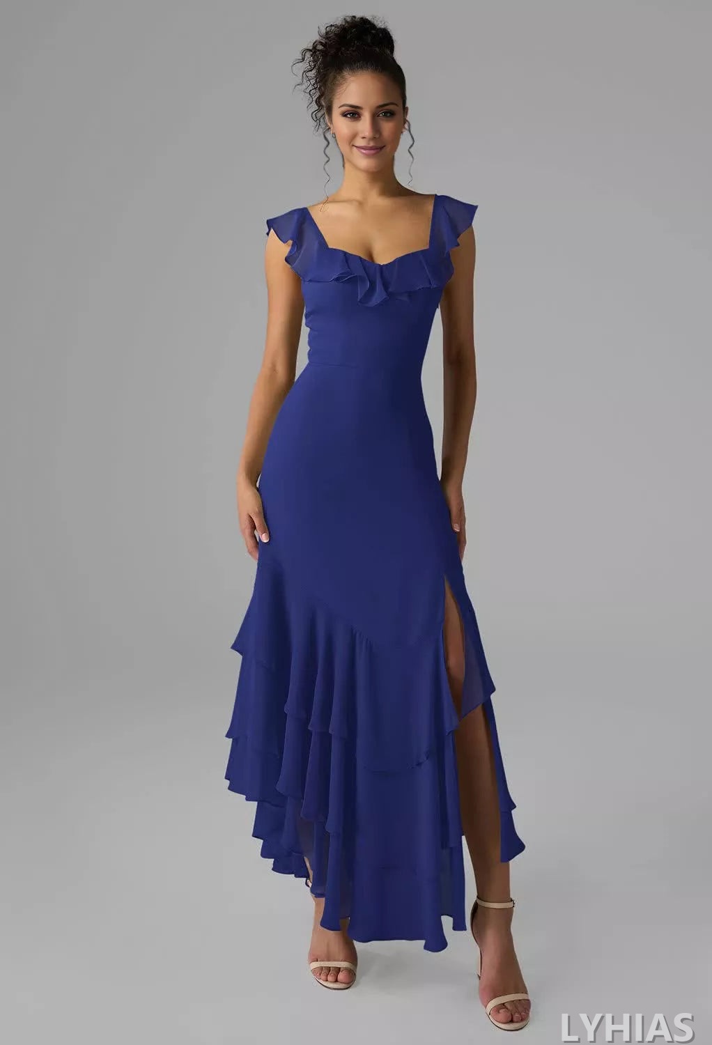Blushing Pink Chiffon A-Line Asymmetrical Bridesmaid Dresses with Ruffled Square Neck