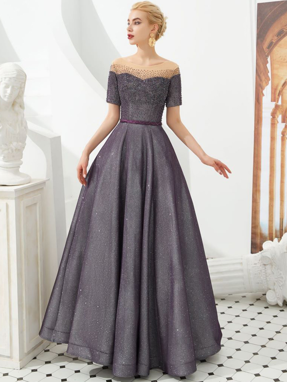 A-Line Evening Dress Jewel Neck Short Sleeves Floor Length Prom Dress