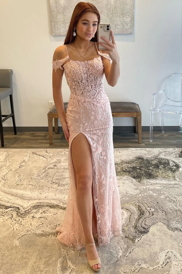 Mermaid/Trumpet Sequined Slit Cold-Shoulder Lace Appliques Floral Long Prom Dress Evening Dresses