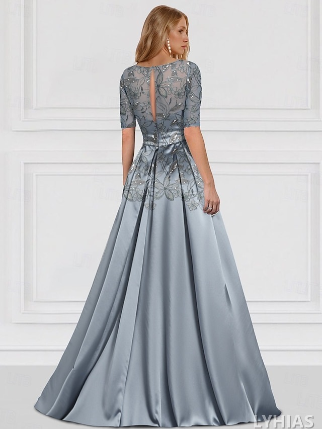 A-Line Mother of the Bride Dresses Floor Length Half Sleeve V Neck Satin Elegant