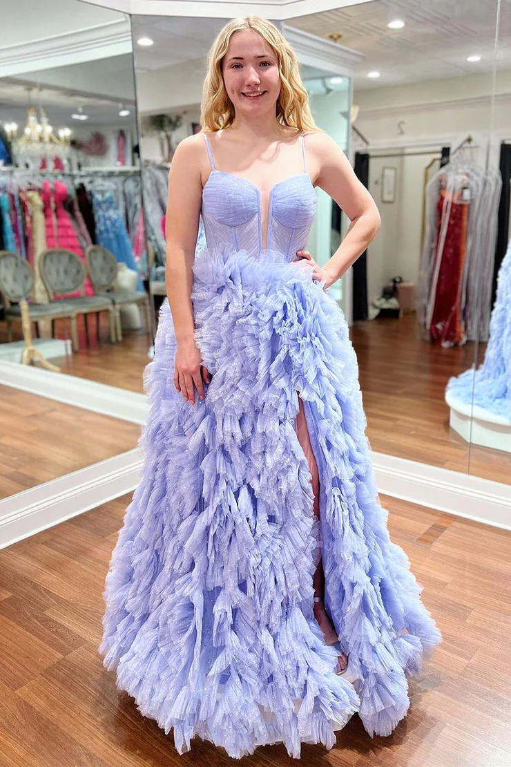 A-Line&Princess Slit Sweetheart Pleats Sleeveless Long Prom Dress Tier