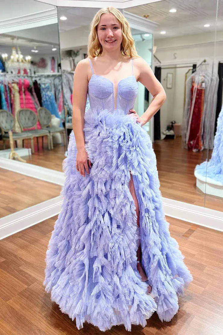 A-Line&Princess Slit Sweetheart Pleats Sleeveless Long Prom Dress Tier