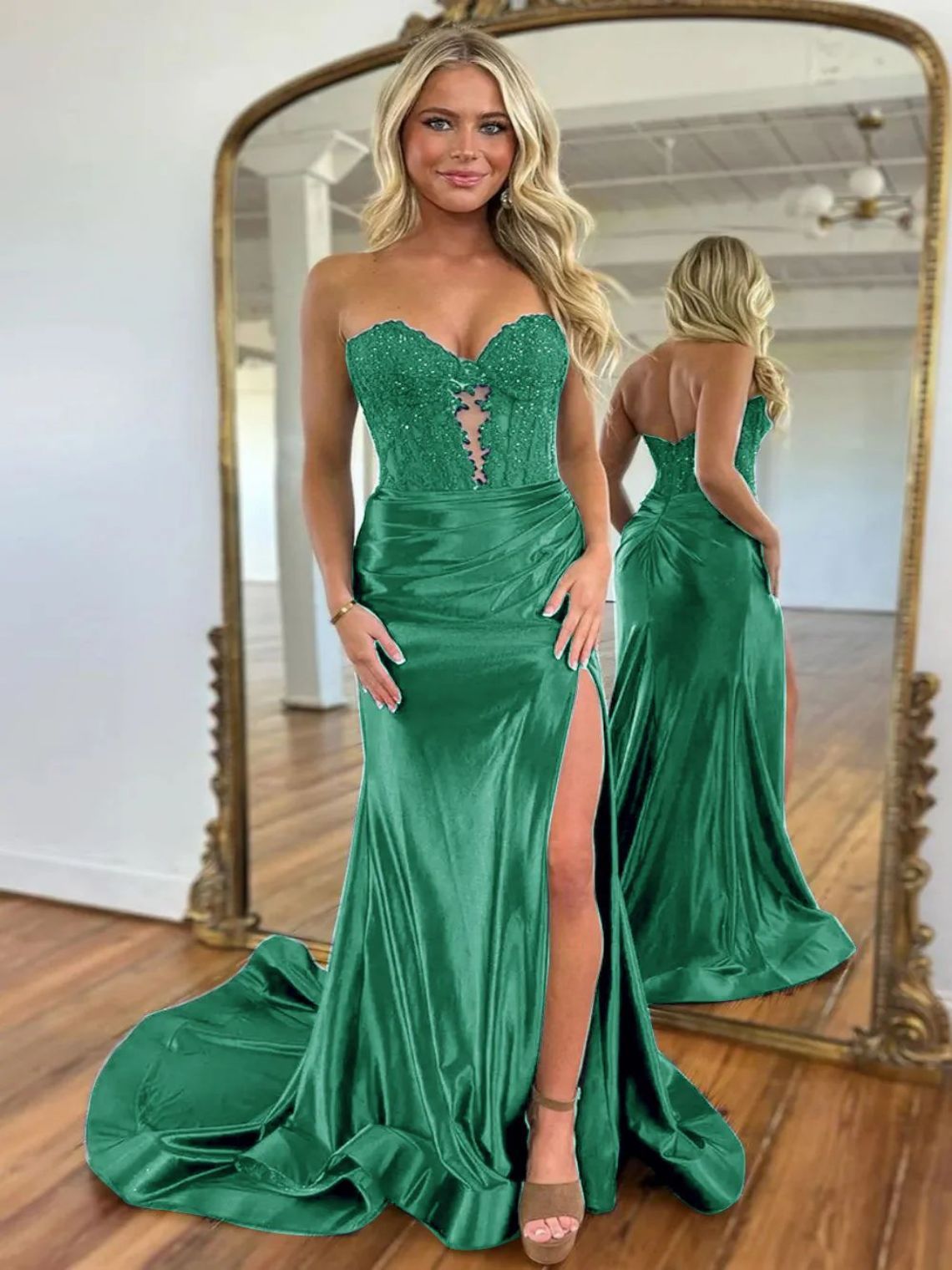 Mermaid Satin Sequin Sweetheart Sweep Train Prom Dress With Split