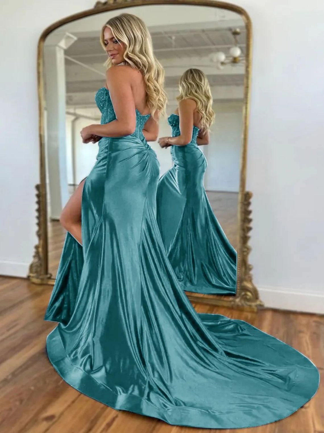 Mermaid Satin Sequin Sweetheart Sweep Train Prom Dress With Split