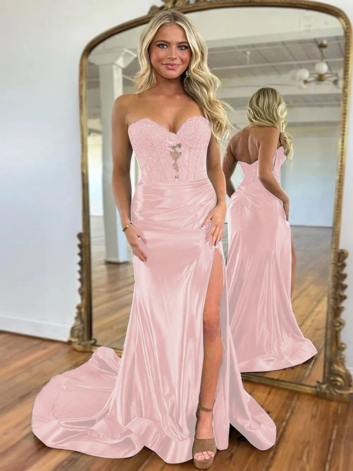 Mermaid Satin Sequin Sweetheart Sweep Train Prom Dress With Split