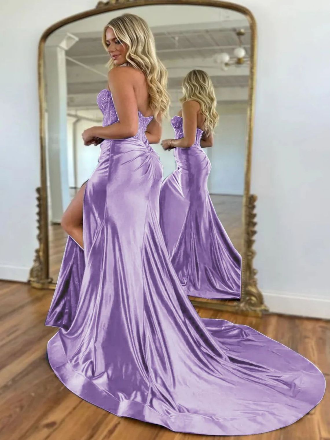 Mermaid Satin Sequin Sweetheart Sweep Train Prom Dress With Split