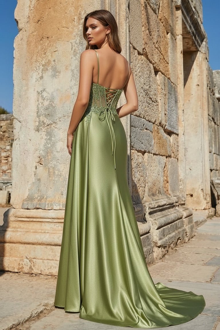 Silver Spaghetti Straps Mermaid Appliqued Prom Dresses With Split Evening Dresses, product image 2
