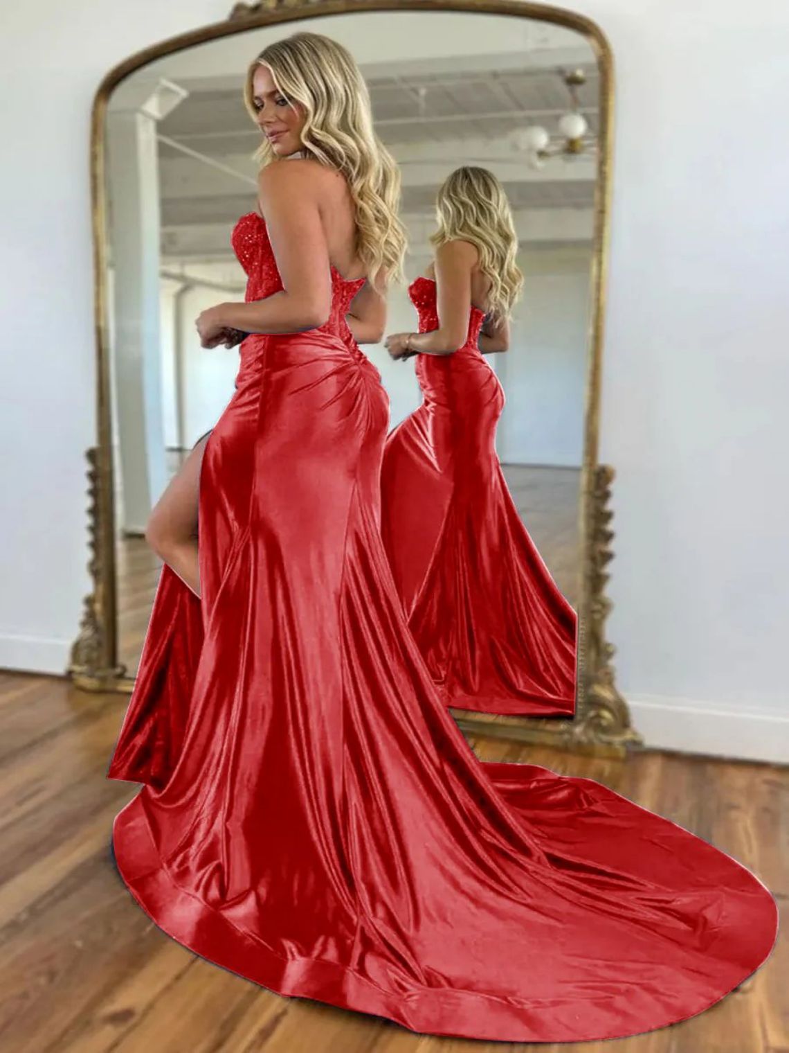 Mermaid Satin Sequin Sweetheart Sweep Train Prom Dress With Split