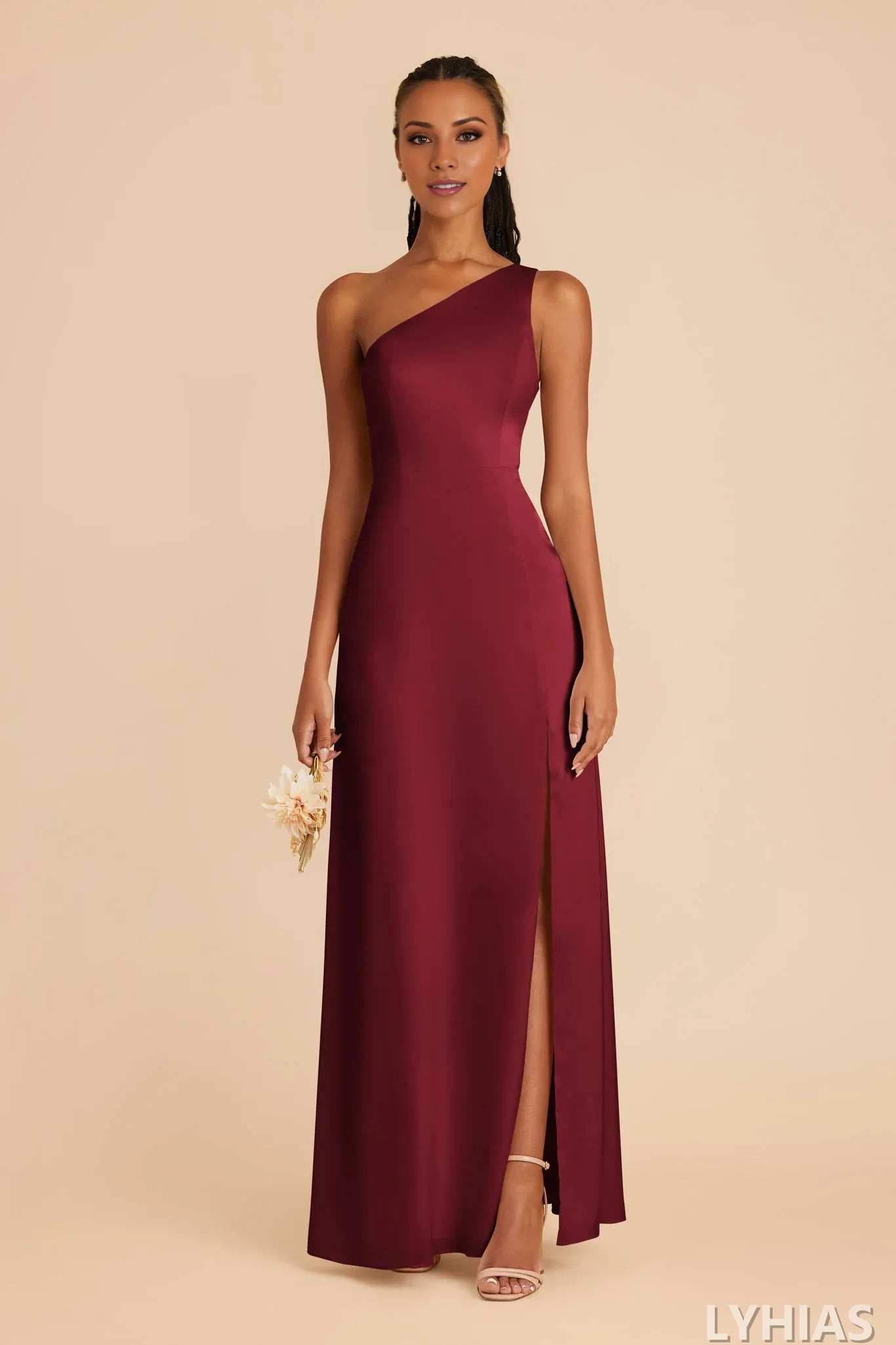 Burgundy Satin A-Line Floor-Length Bridesmaid Dresses with One-shoulder Neckline and High Slit