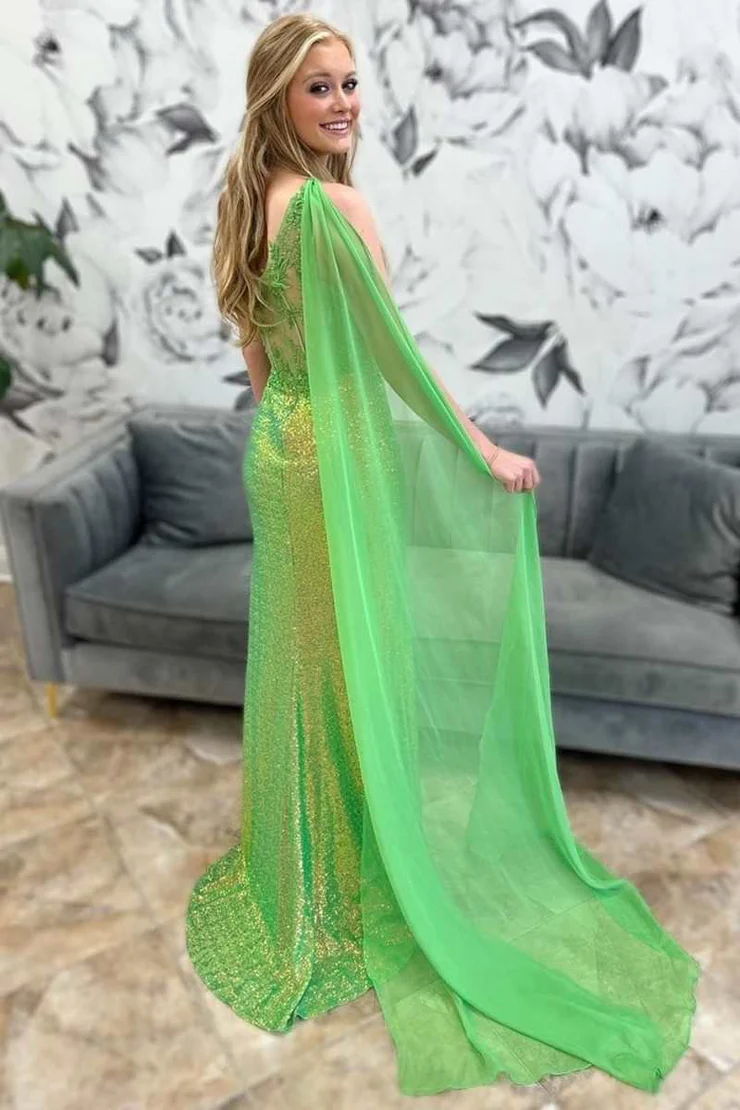 Mermaid/Trumpet Sequin Slit Lace Appliques One-Shoulder Sweep/Brush Train Long Formal Dress Evening Dress