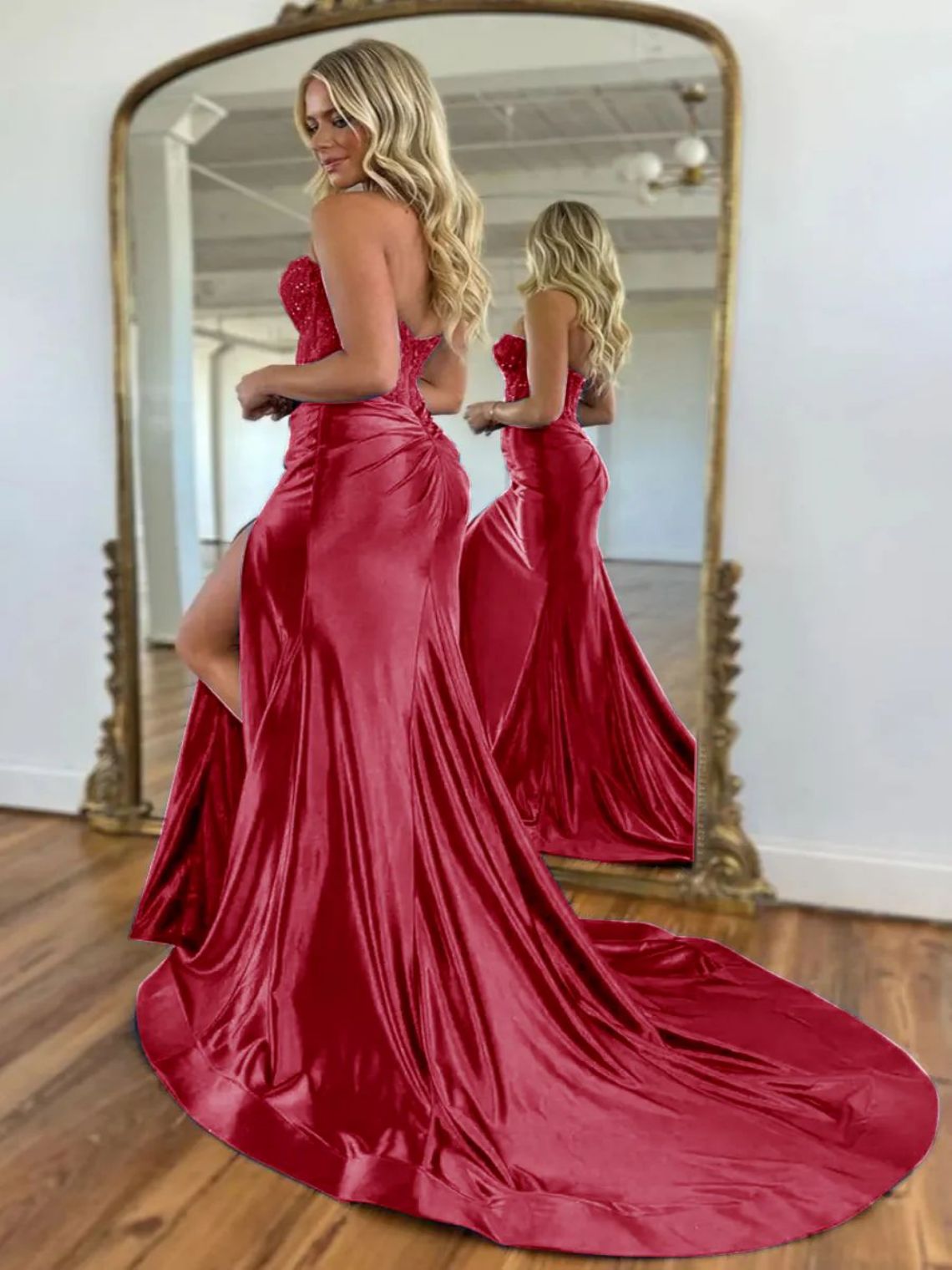 Mermaid Satin Sequin Sweetheart Sweep Train Prom Dress With Split