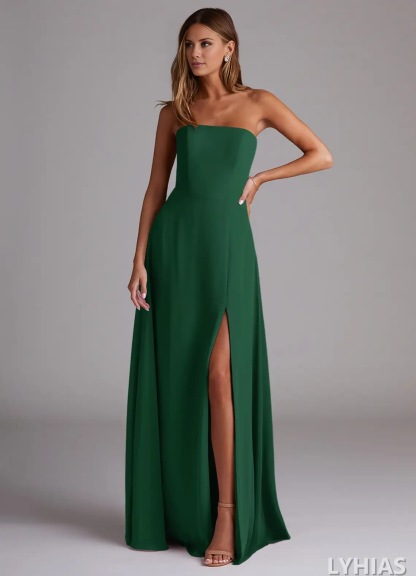 Chiffon Straight Neck A-Line Floor-Length Bridesmaid Dresses with High Slit