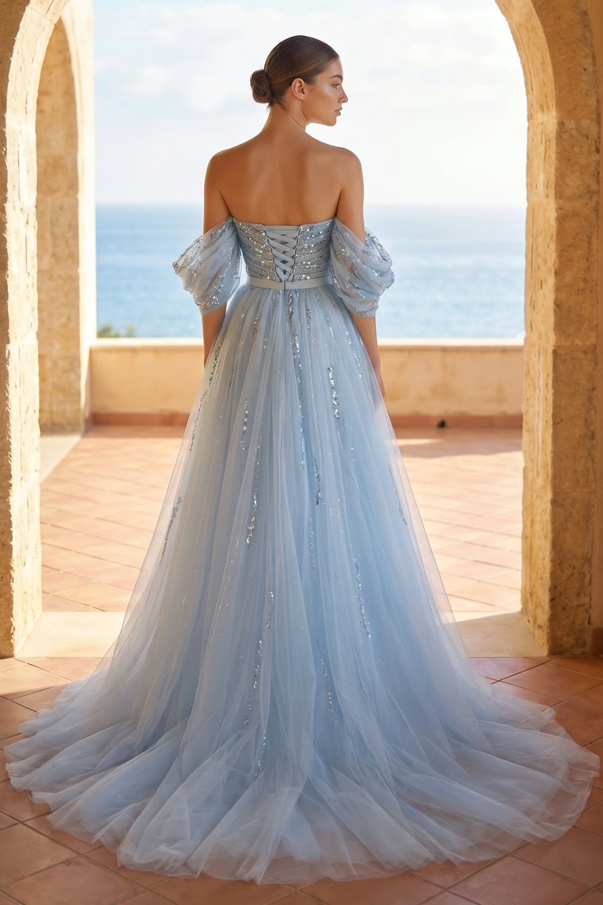 Sheath Sweetheart Prom Dresses Short Sleeve Detachable Sequined with Slit Overskirt Evening Dresses, product image 2