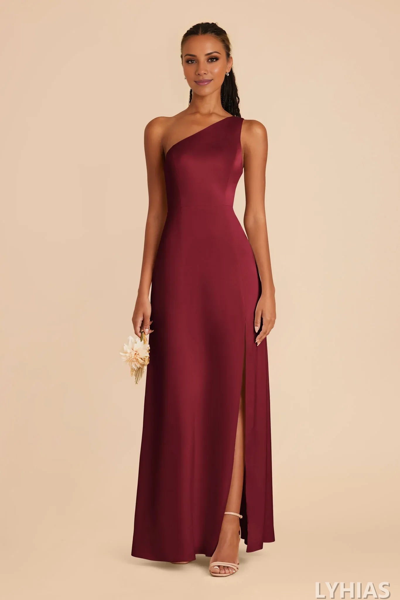 Burgundy Satin A-Line Floor-Length Bridesmaid Dresses with One-shoulder Neckline and High Slit