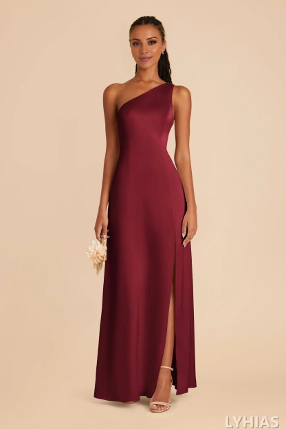 Burgundy Satin A-Line Floor-Length Bridesmaid Dresses with One-shoulder Neckline and High Slit