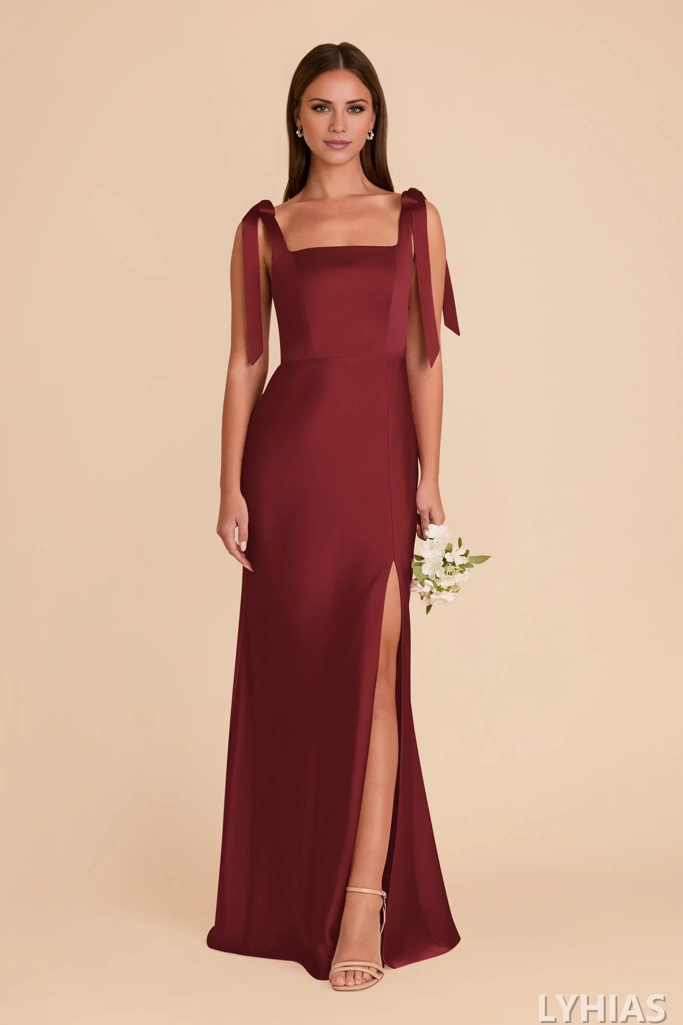 Burgundy Satin A-Line Floor-Length Bridesmaid Dresses with Square Neck and Tie-Shoulder Straps
