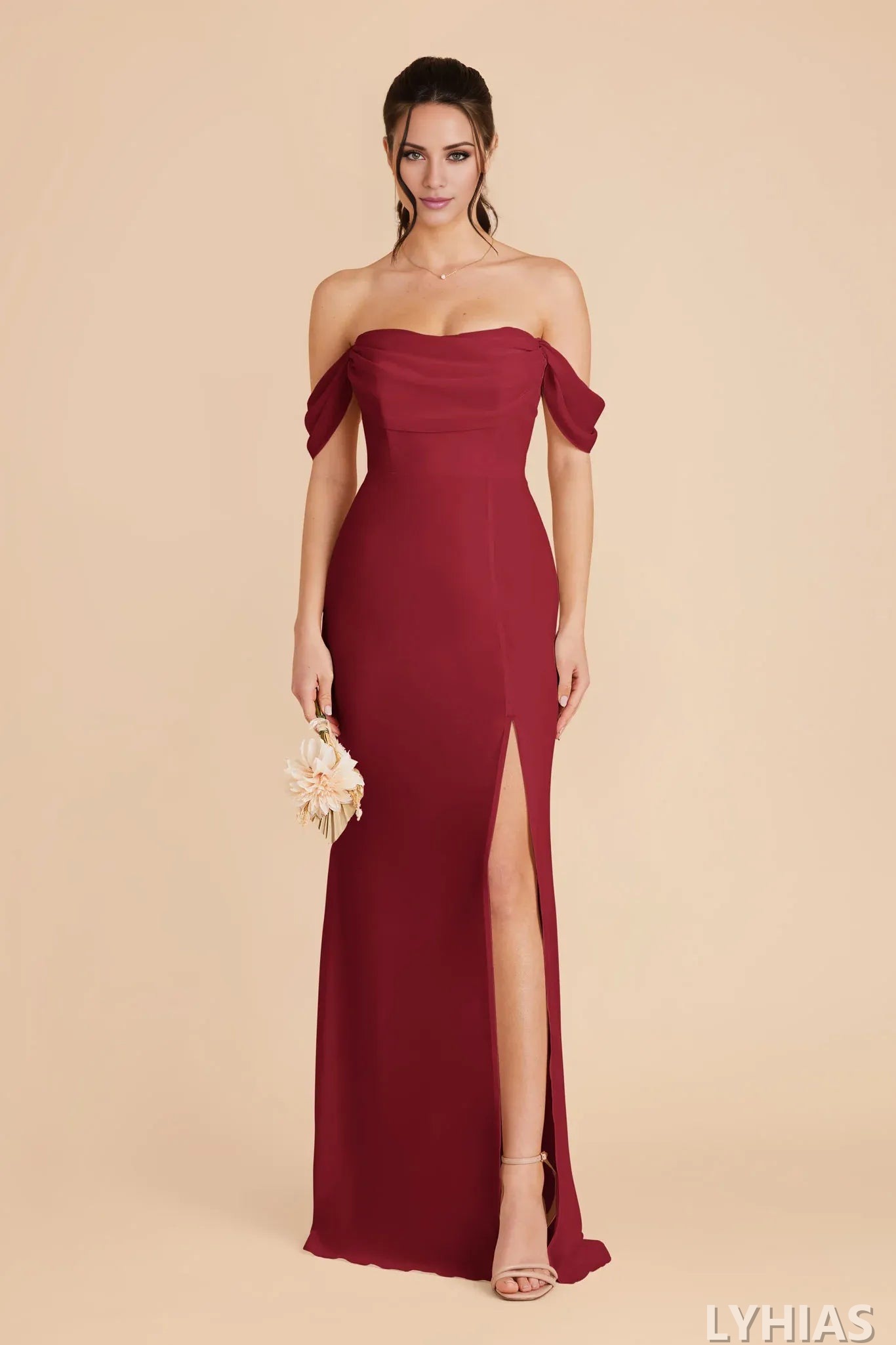 Burgundy Chiffon Off-the-Shoulder Floor-Length Sheath/Column Bridesmaid Dresses with High Slit