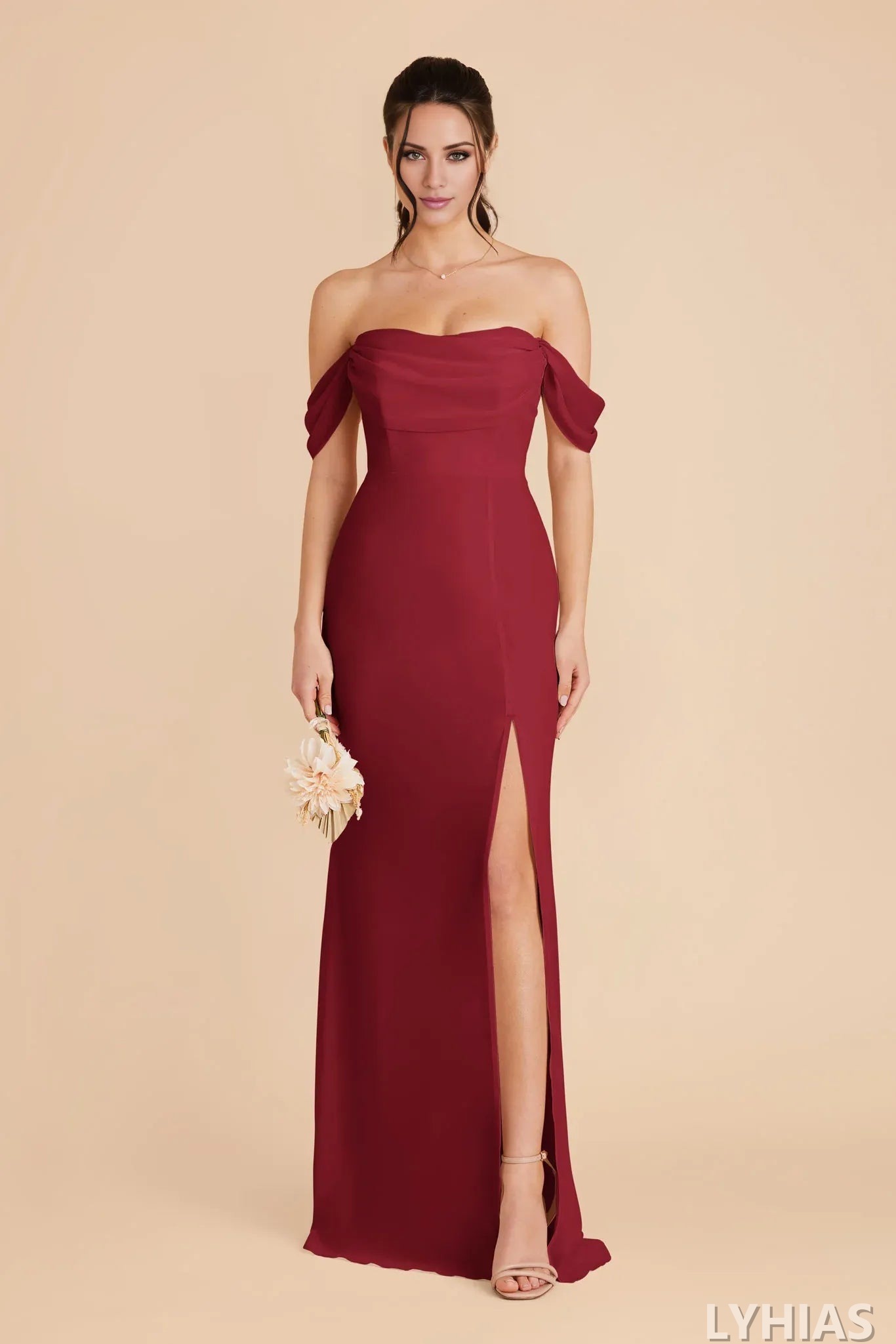Burgundy Chiffon Off-the-Shoulder Floor-Length Sheath/Column Bridesmaid Dresses with High Slit