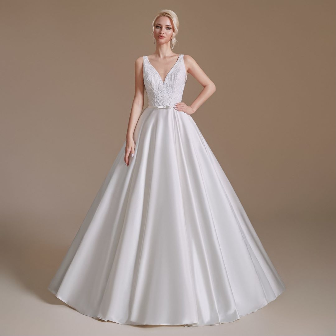 A-Line Elegant V-Neck Sleeveless Floor-Length Wedding Dresses 
