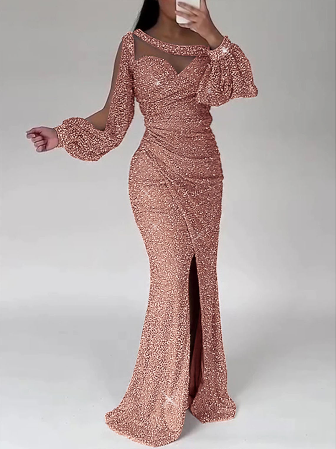 Sparkle Mermaid Sequin Long Sleeve Scoop Neck with Slit Evening Dress