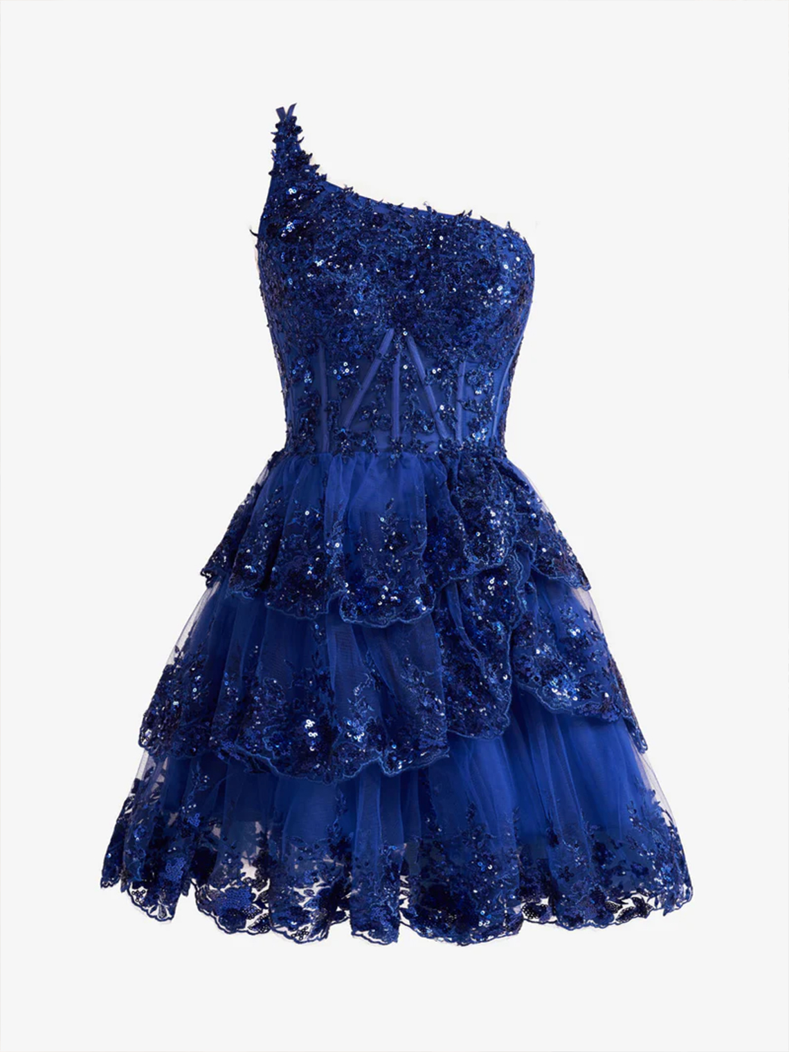 A-Line One Shoulder Navy Tiered Lace Short Homecoming Dress