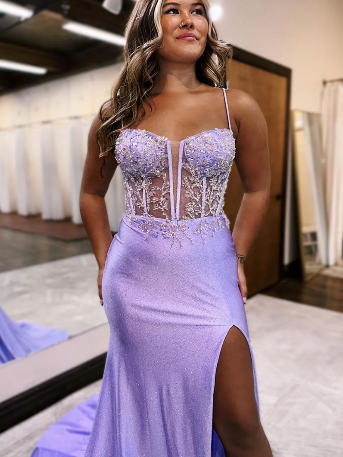 Mermaid Sparkly Lilac Spaghetti Straps Sweep Train Prom Dress With Slit