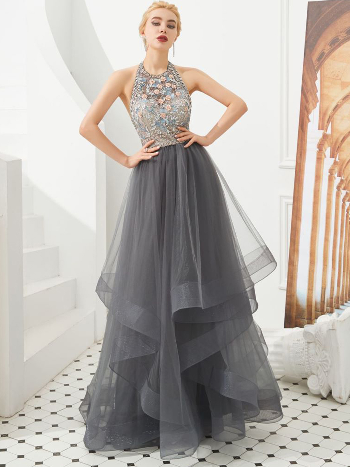 A-Line Evening Dress Halter Neck Sleeveless Floor Length Prom Dress