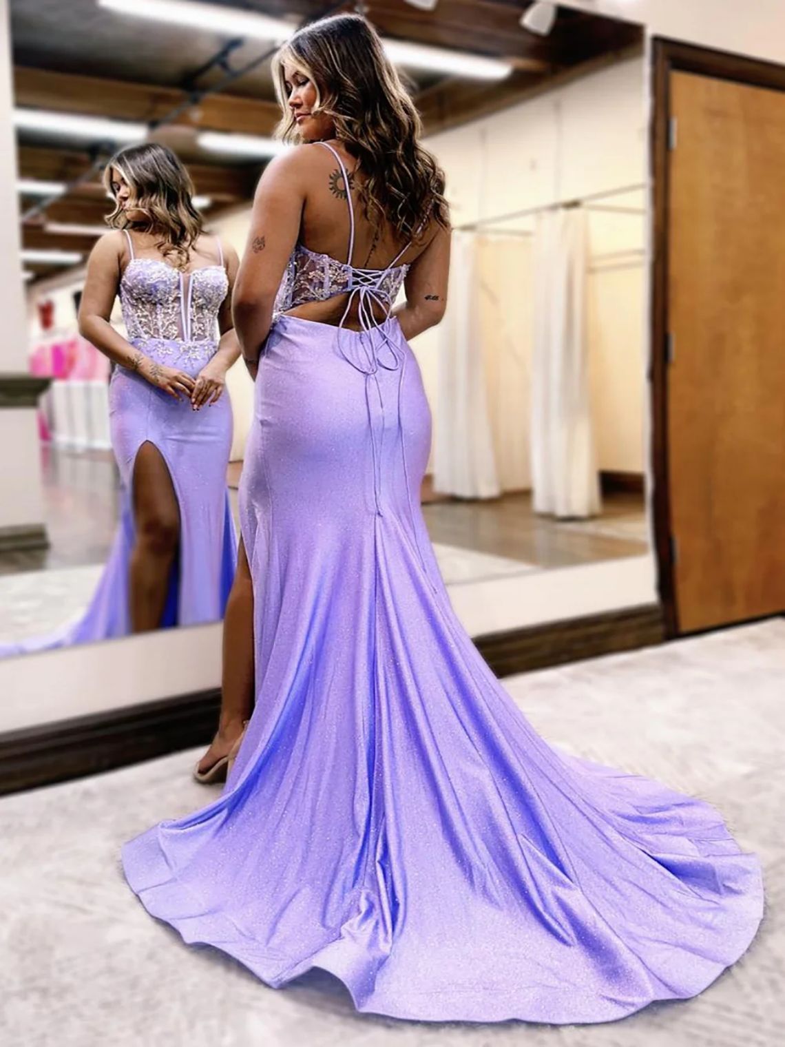 Mermaid Sparkly Lilac Spaghetti Straps Sweep Train Prom Dress With Slit