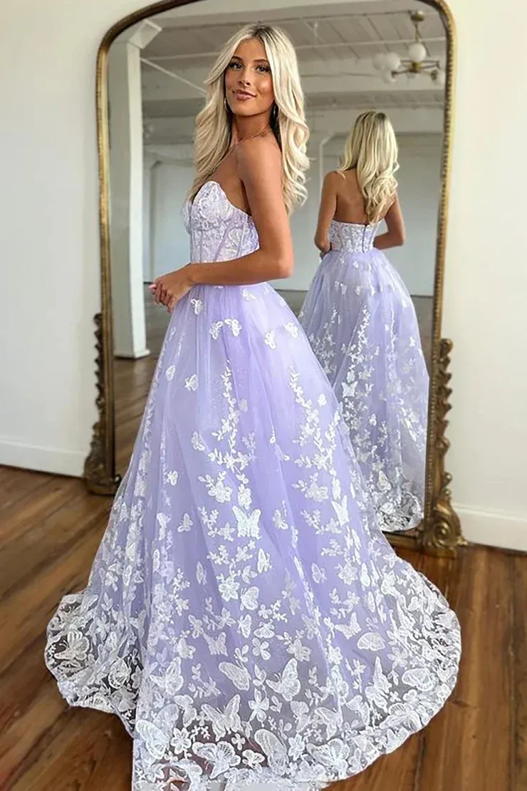 A-Line&Princess Tulle Off-the-Shoulder Lace Appliques Sweetheart Corset Prom Dress Evening Dress
