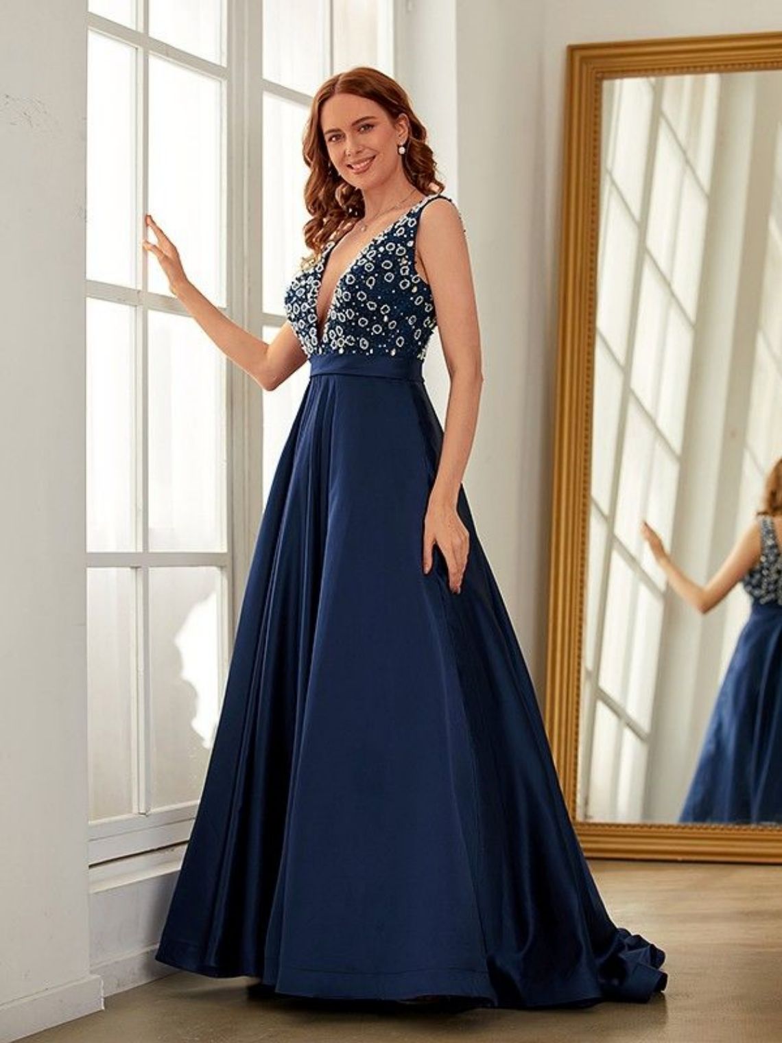 A-Line/Princess Satin Beading V-neck Sleeveless Sweep Train Dresses