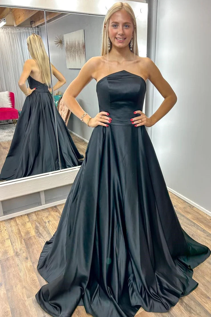 Black A-Line&Princess Sweep/Brush Train Strapless Long Prom Dress Evening Dress