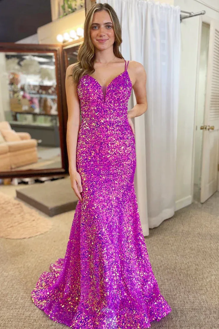 Charming Mermaid/Trumpet V-Neck Sequin Crisscross Back Long Prom Dress
