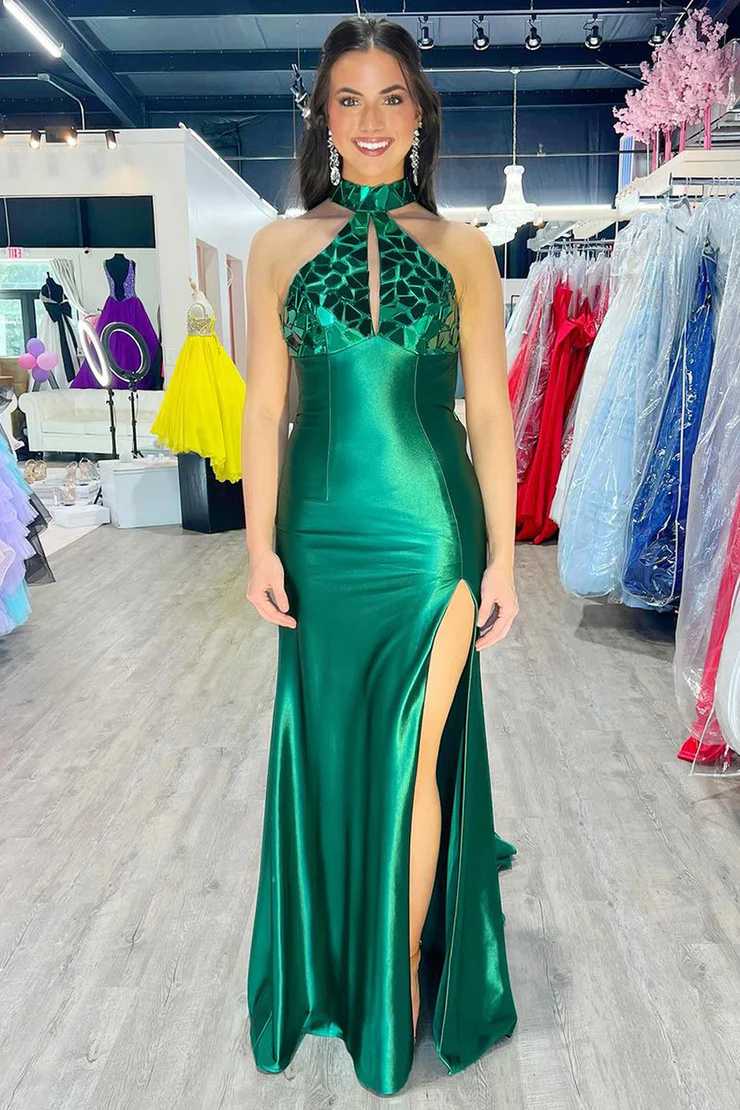 Mermaid/Trumpet Slit Halter Satin Sweep/Brush Train Prom Dress Elegant Evening Dress