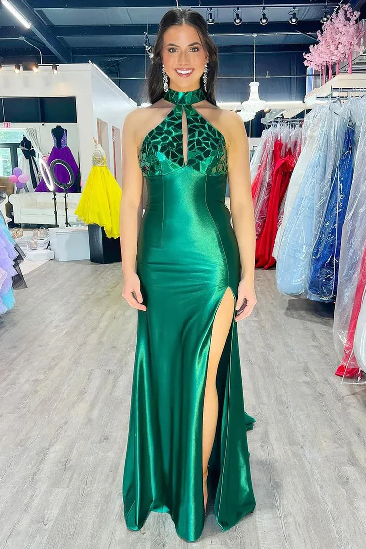 Mermaid/Trumpet Slit Halter Satin Sweep/Brush Train Prom DressElegant 