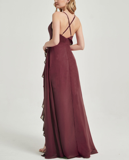 Dress A-Line V-Neck Floor-Length Sleeveless Long Ruffles Bridesmaid Dress