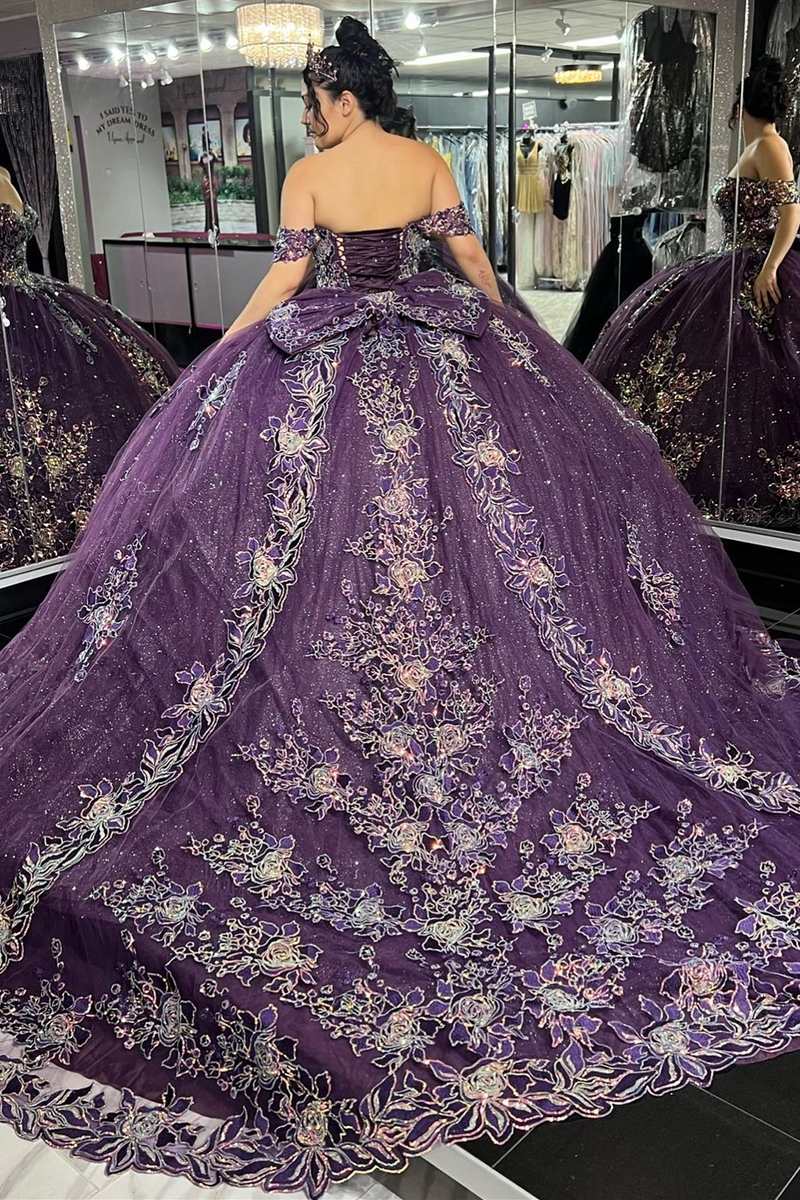 Quinceanera Dresses Glamorous Purple Floral Lace Off-the-Shoulder