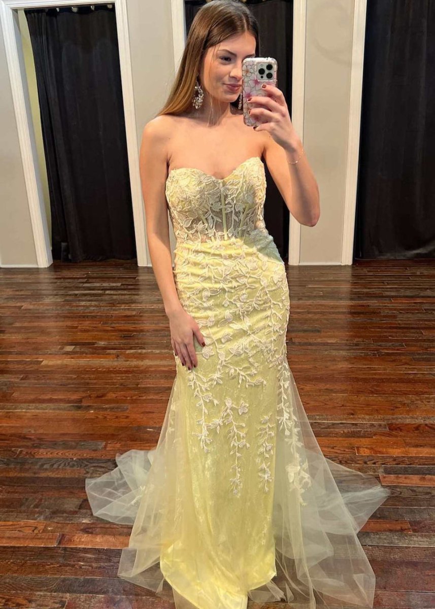Mermaid Strapless Lace Prom Dresses With Appliques Evening Dresses, product image 13