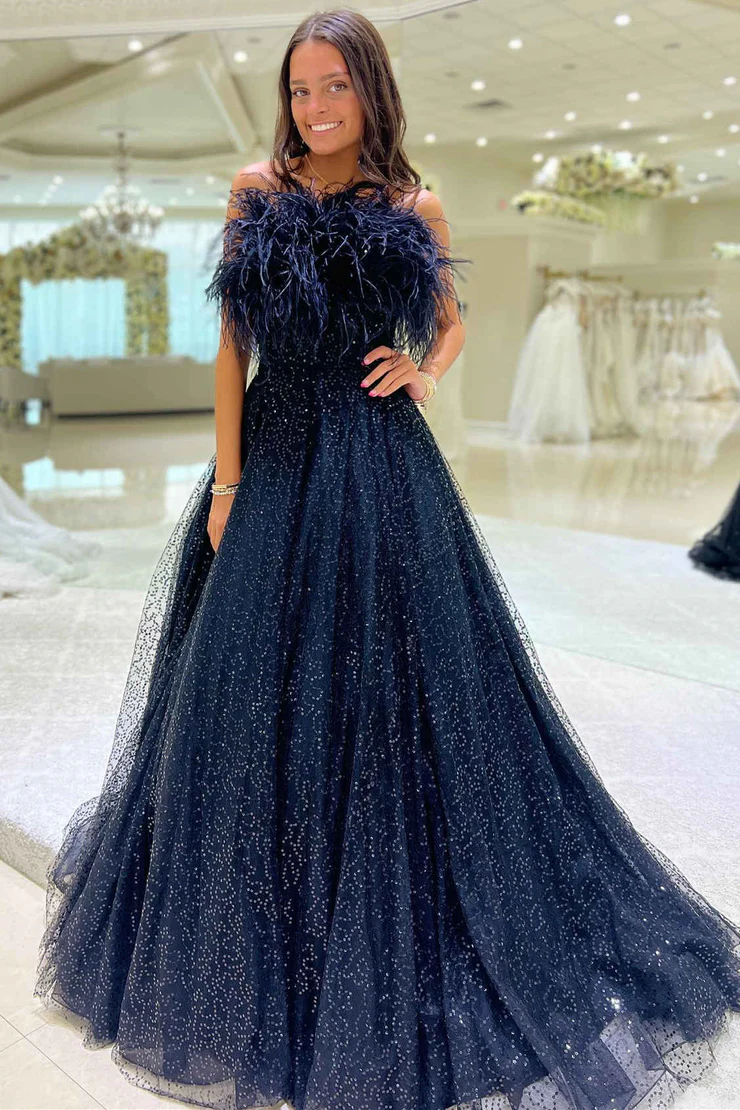 A-Line&Princess Strapless Feathers Sequin sleeveless Prom Gown Evening