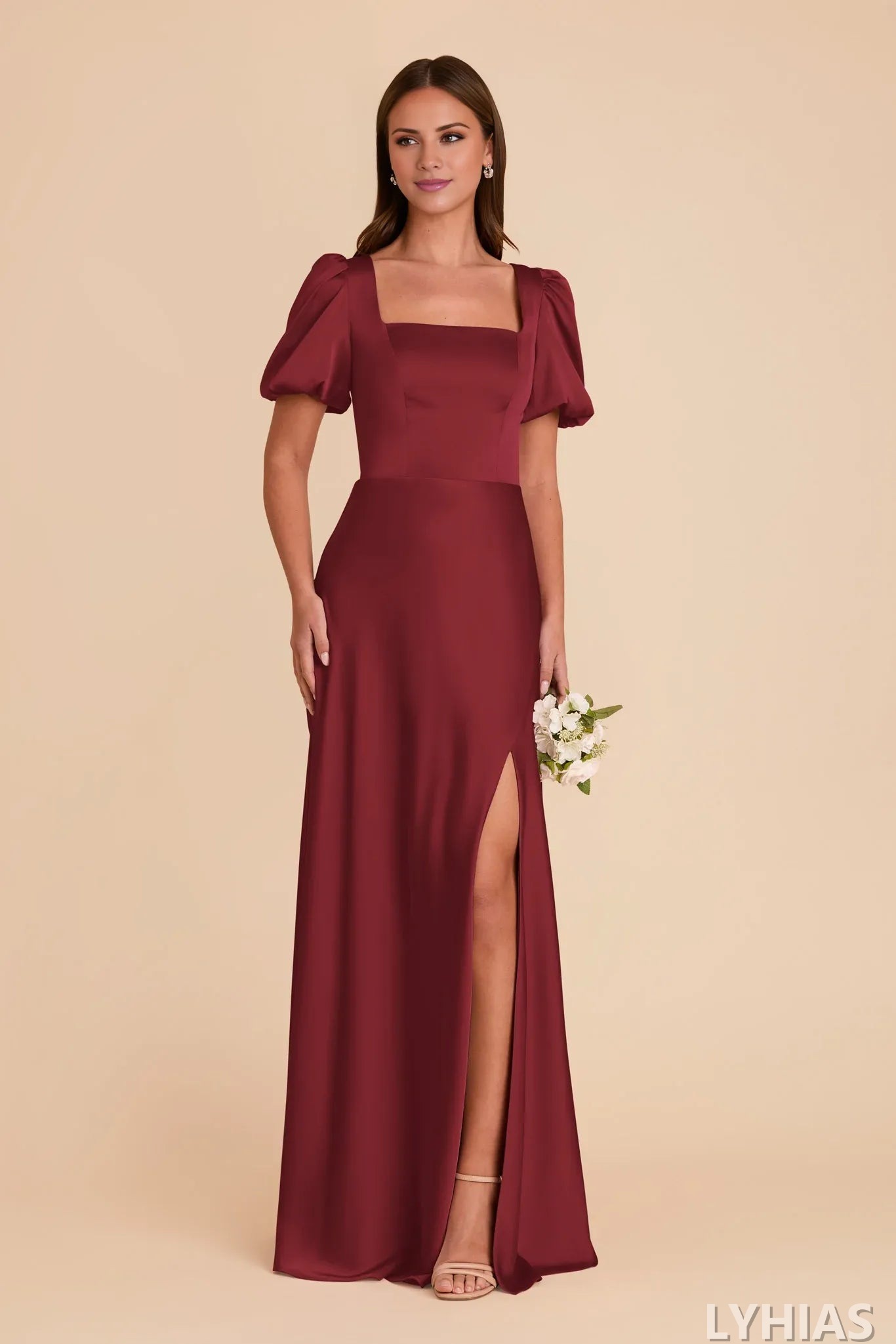 Burgundy Satin A-Line Floor-Length Bridesmaid Dresses with Square Neck & Puff Sleeves