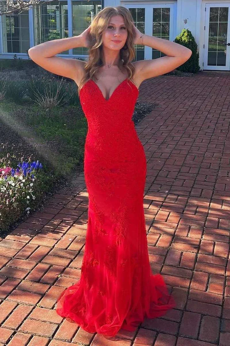Mermaid/Trumpet V-Neck Spaghetti Straps Sweep/Brush Train Applique Long Prom Dress Evening Dress