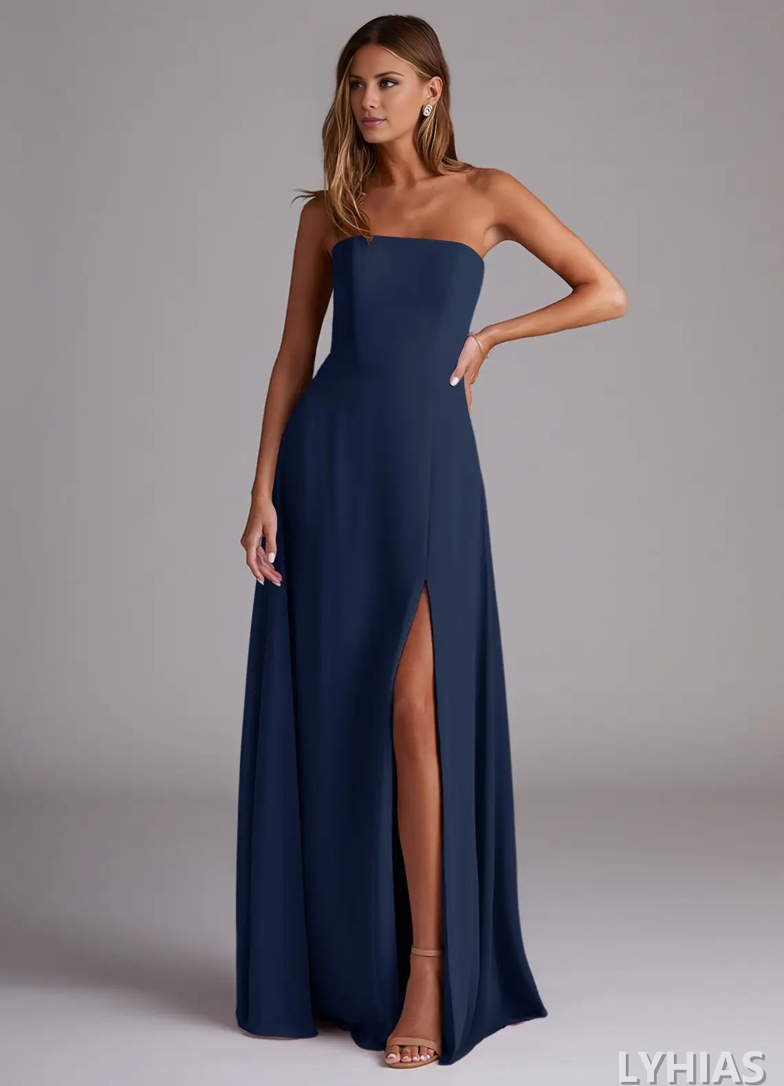 Chiffon Straight Neck A-Line Floor-Length Bridesmaid Dresses with High Slit