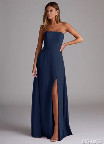 Chiffon Straight Neck A-Line Floor-Length Bridesmaid Dresses with High Slit