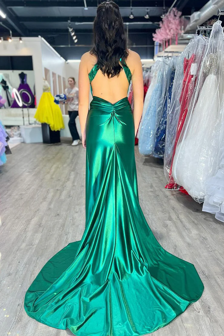 Mermaid/Trumpet Slit Halter Satin Sweep/Brush Train Prom Dress Elegant Evening Dress