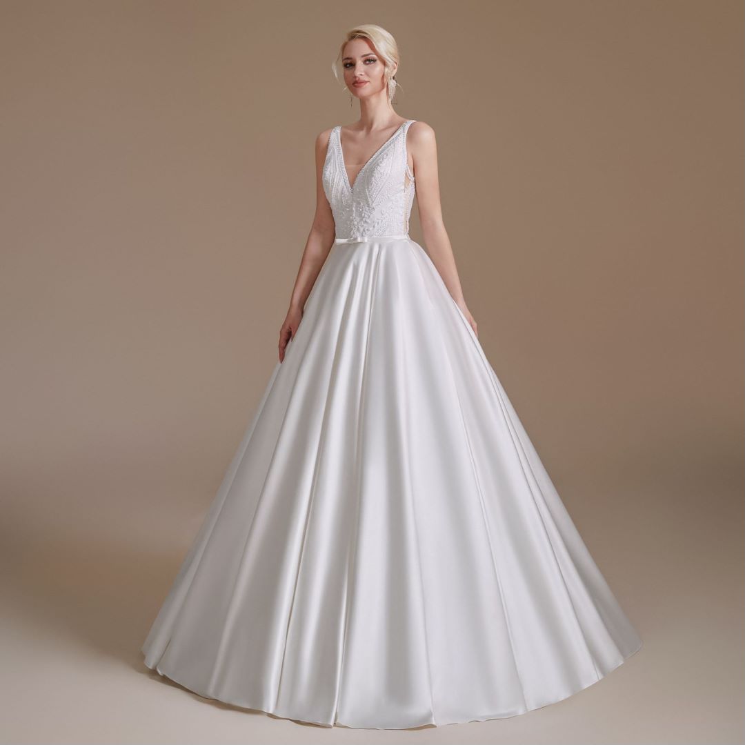 A-Line Elegant V-Neck Sleeveless Floor-Length Wedding Dresses 