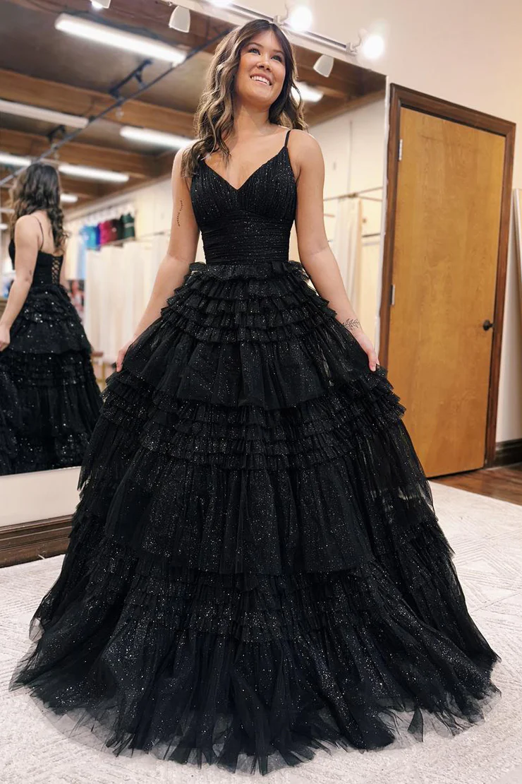 A-Line&Princess Tulle V-Neck Sparkle & Shine Pleats Long Prom Dresses Long Evening Dresses