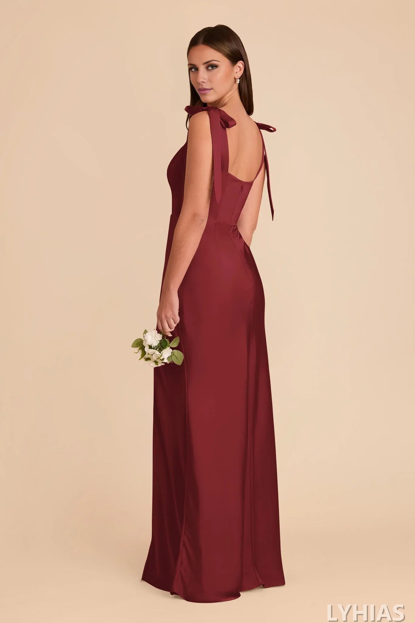 Burgundy Satin A-Line Floor-Length Bridesmaid Dresses with Square Neck and Tie-Shoulder Straps