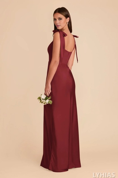 Burgundy Satin A-Line Floor-Length Bridesmaid Dresses with Square Neck and Tie-Shoulder Straps