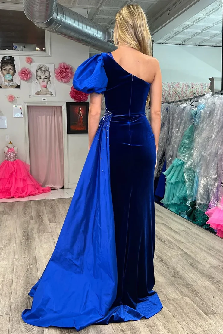 Mermaid/Trumpet Velvet One-Shoulder Puff Sleeve Sweep/Brush Train Long Formal Dress Elegant Evening Dress