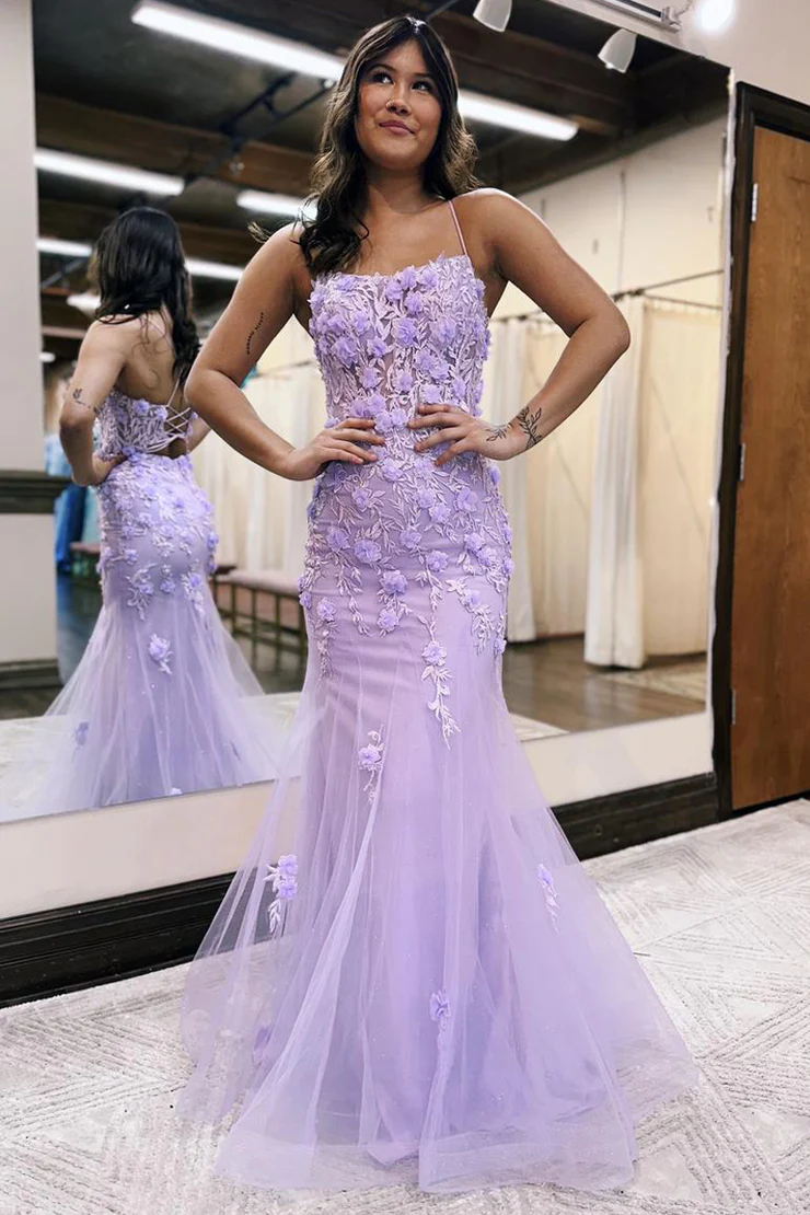Mermaid/Trumpet Spaghetti Straps Lace Appliques Scoop Neck Long Prom D