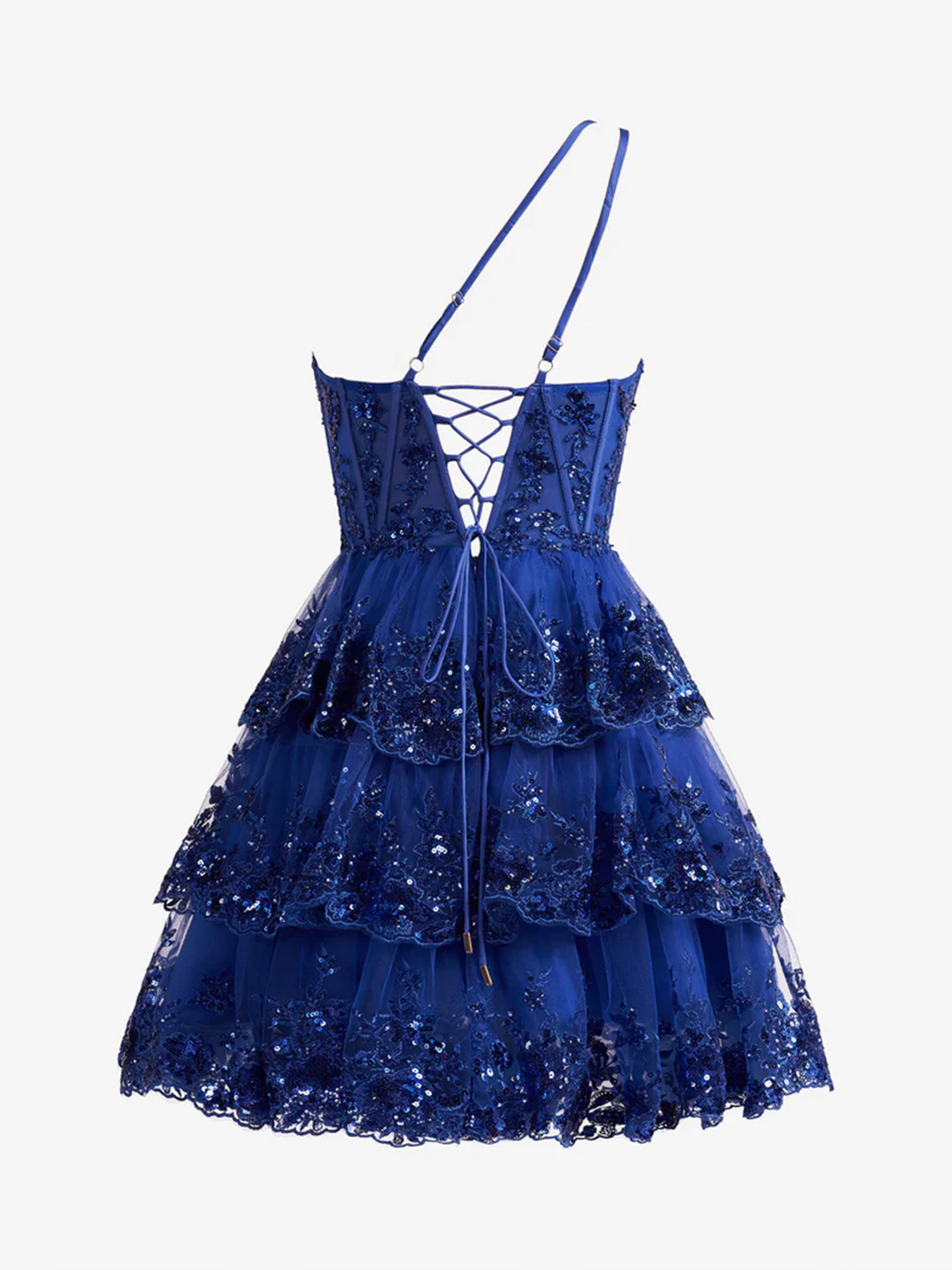 A-Line One Shoulder Navy Tiered Lace Short Homecoming Dress